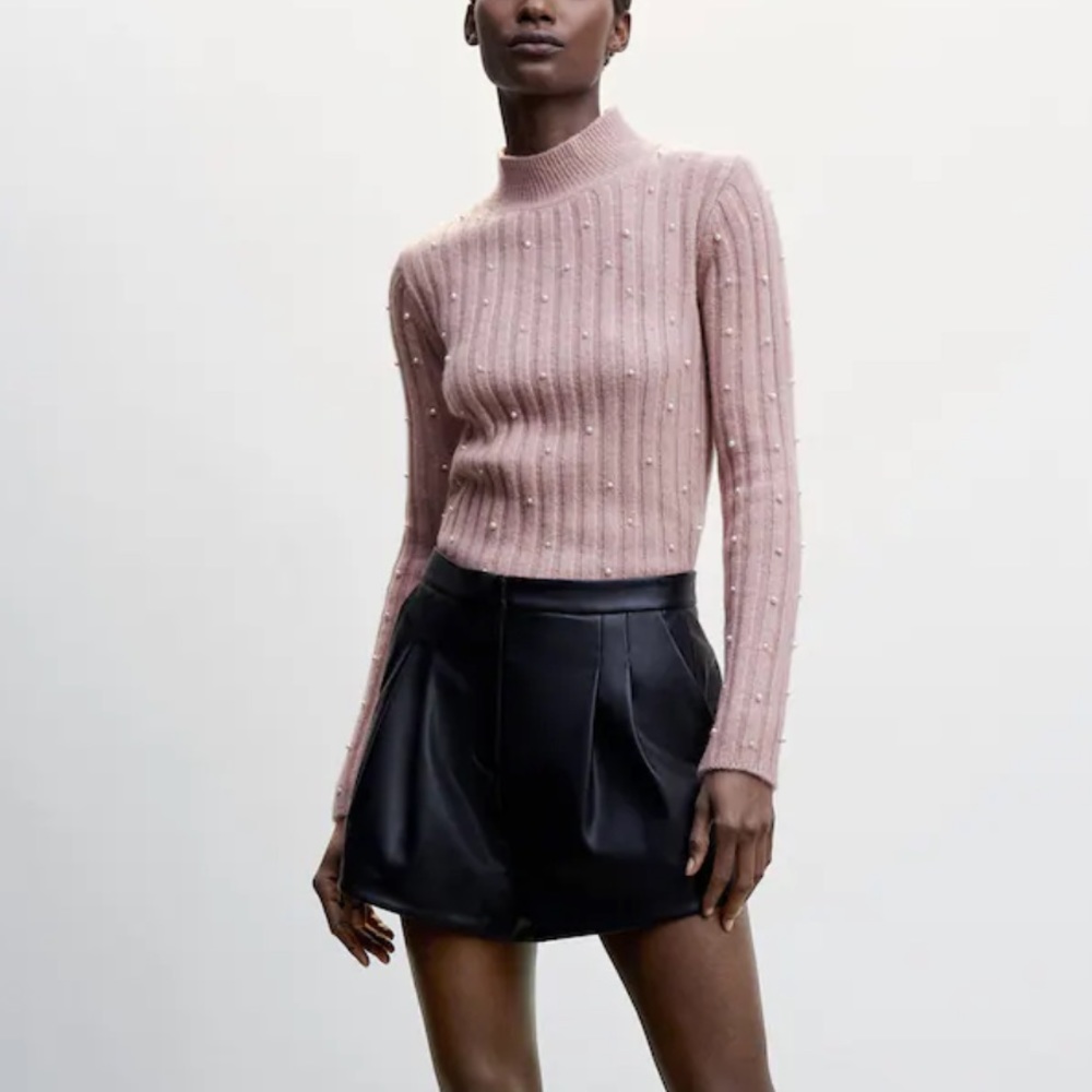Light pink mock neck sweater with pearls, size Small